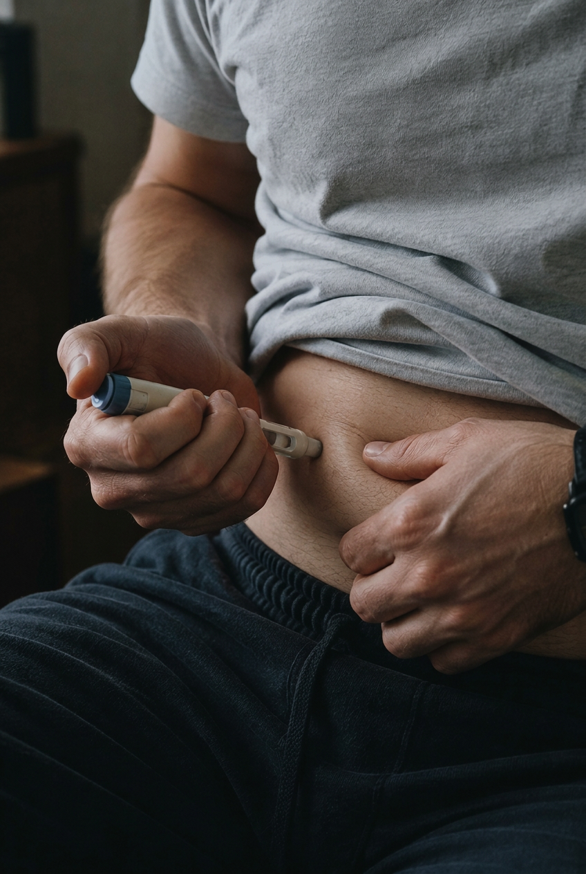 A person administering a weekly injection to the abdomen