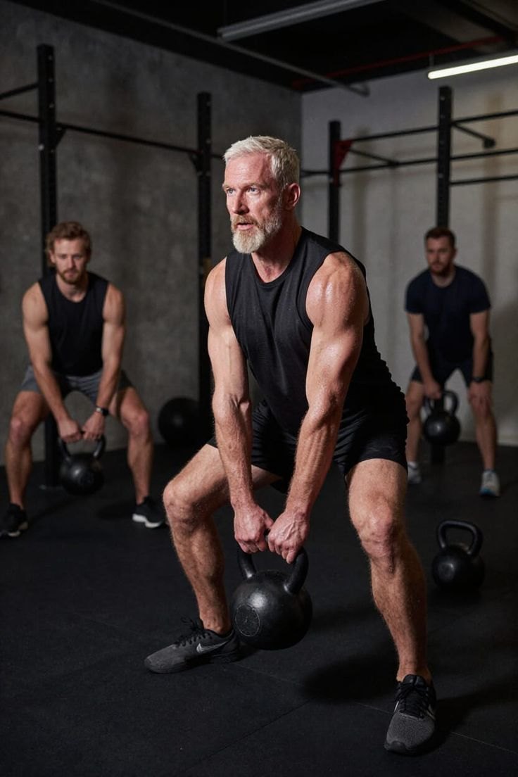 A man lifting a kettlebell in a group training session