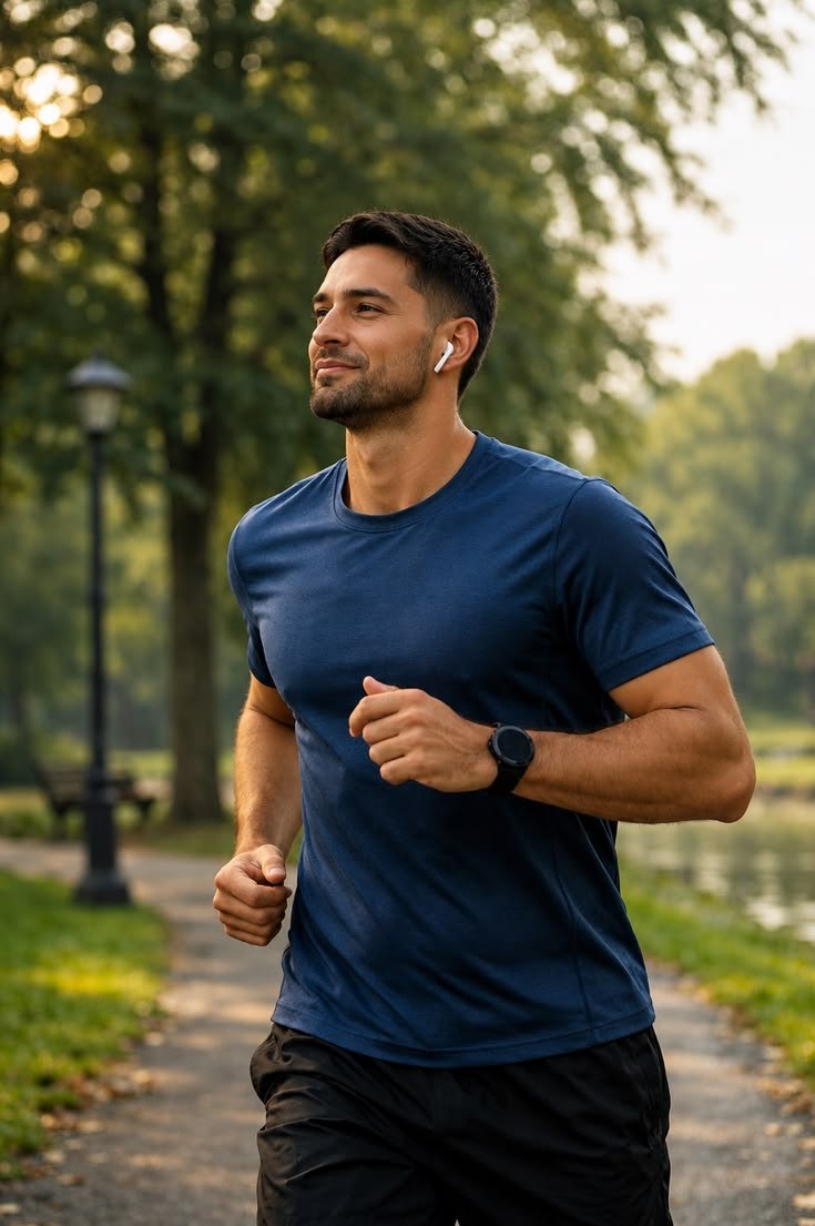 A man running through a park in the morning