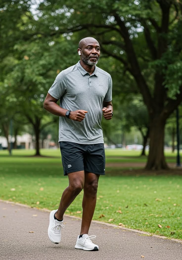 A man running on a park path in daylight