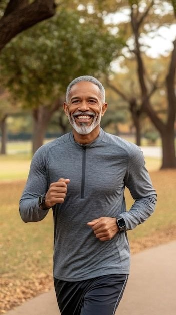 An older man running outdoors in autumn
