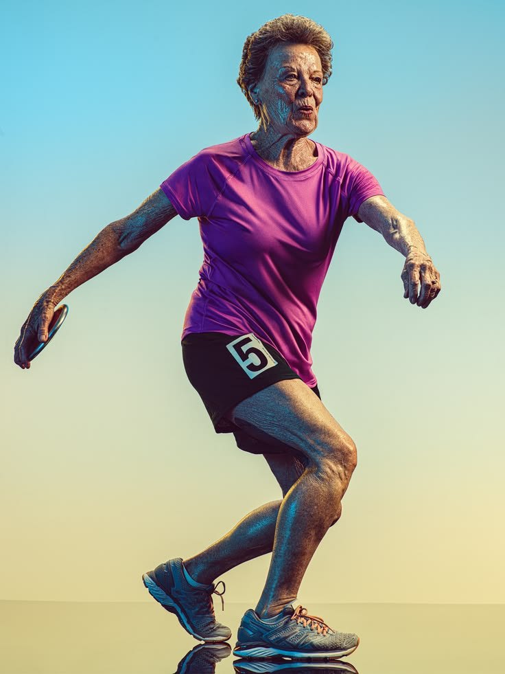 An older woman moving energetically in sportswear