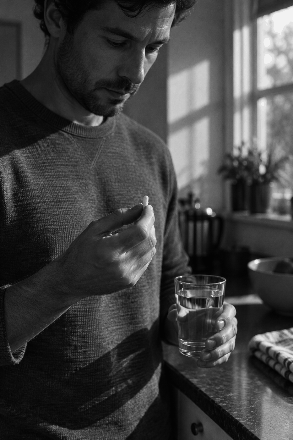 A person taking a capsule with a glass of water