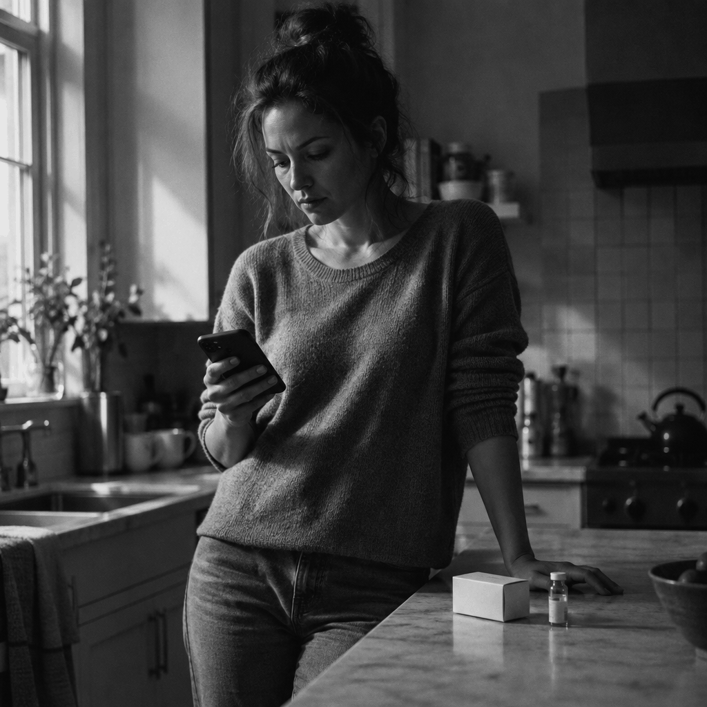 A woman reading a message from her care team