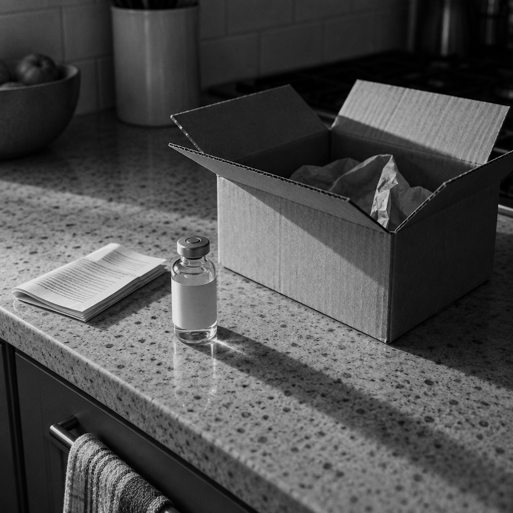 A medication vial and instruction leaflet beside an opened shipping box
