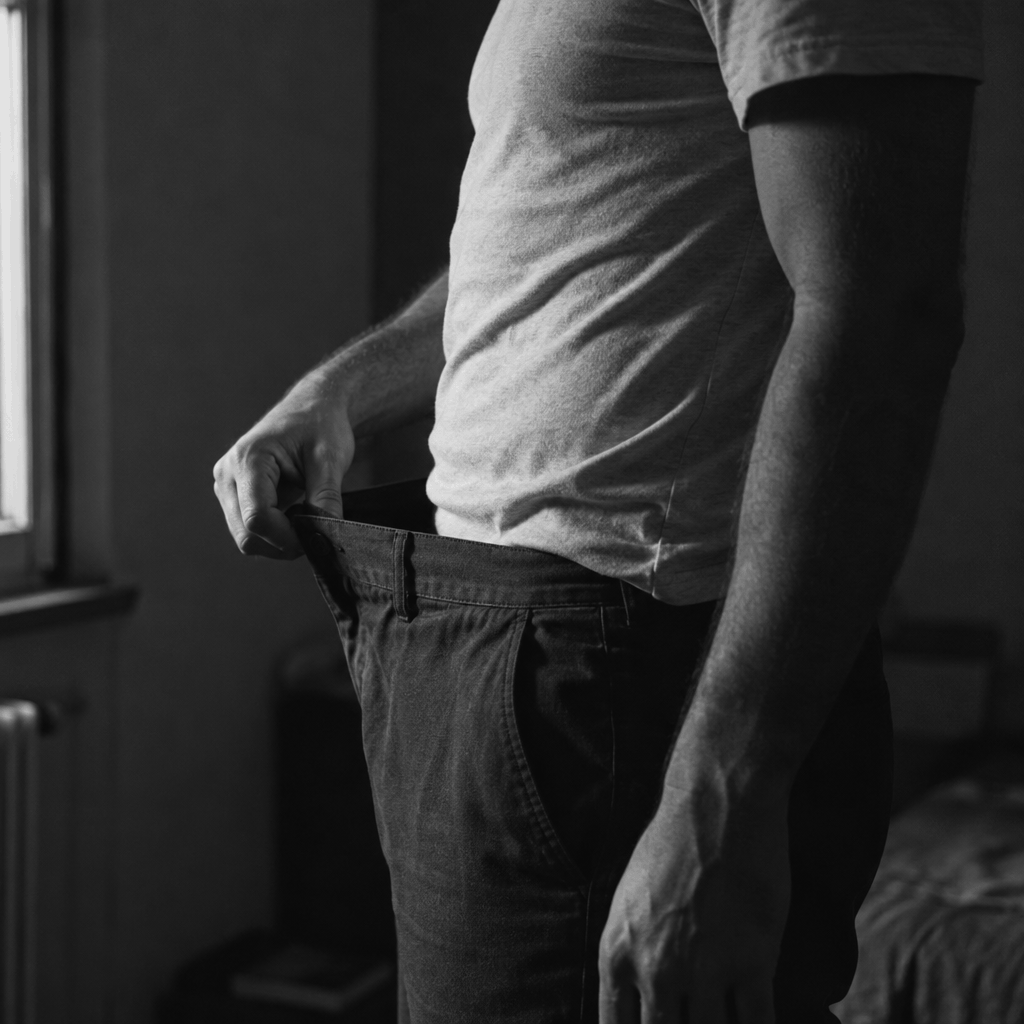 A man holding out the loose waistband of his trousers